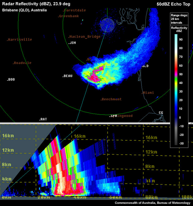 Tall vertical depth of 50dBZ echoes.  50dBZ echo top height reaches up to approximately 15 km.