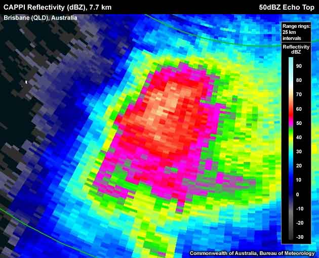 A large horizontal extent of very high reflectivities breaking through the 2 cm hail height on a CAPPI. The highest reflectivity is approximately 69.0 dBZ
