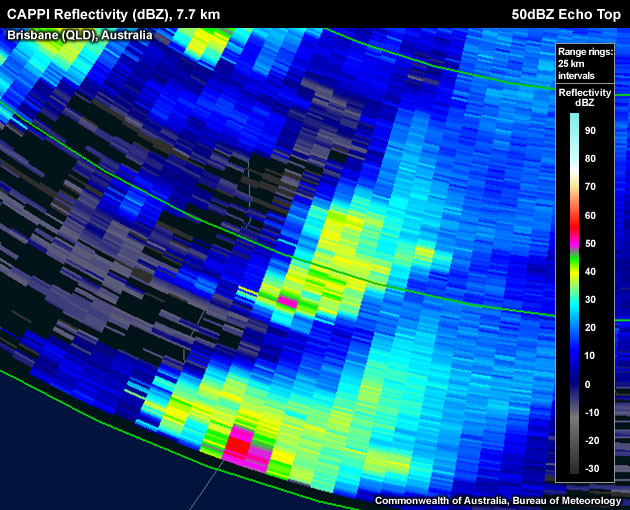 A few pixels with reflectivities greater than 50 dBZ breaking through the 2 cm hail height on a CAPPI. The highest reflectivity is approximately 50.5 dBZ. <strong>Note:<strong> a "single pixel breakthrough" is obviously a lot less meaningful than several pixels as shown above.