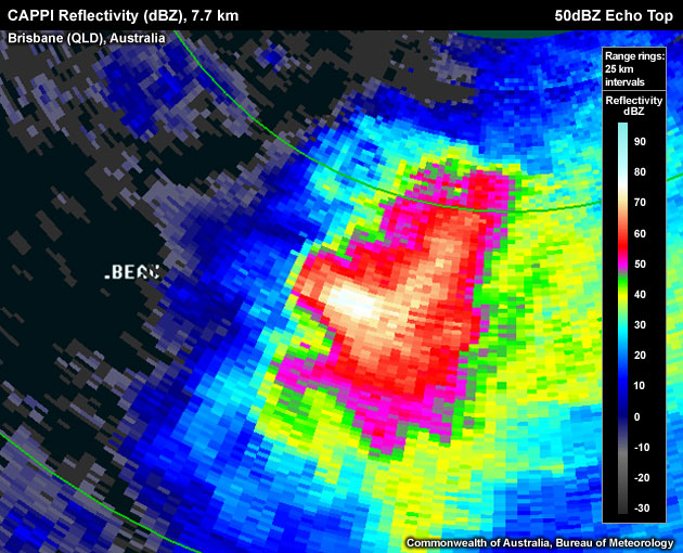 A large horizontal extent of very high reflectivities breaking through the 2 cm hail height on a CAPPI. The highest reflectivity is approximately 77.0 dBZ.