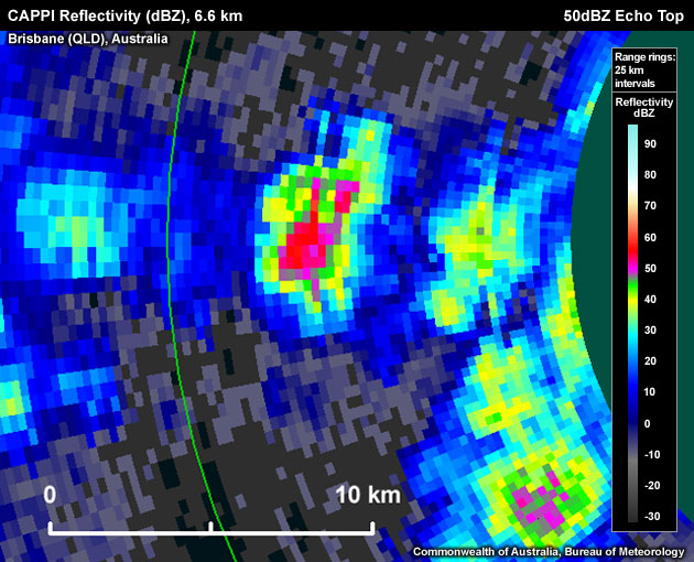 Small horizontal extent of reflectivities greater than 50 dBZ breaking through the 2 cm hail height on a CAPPI. The highest reflectivity is approximately 59.0 dBZ.