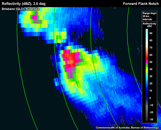 Note that the FFN signature on the southeast side of the storm  is most pronounced in the lower reflectivity values.