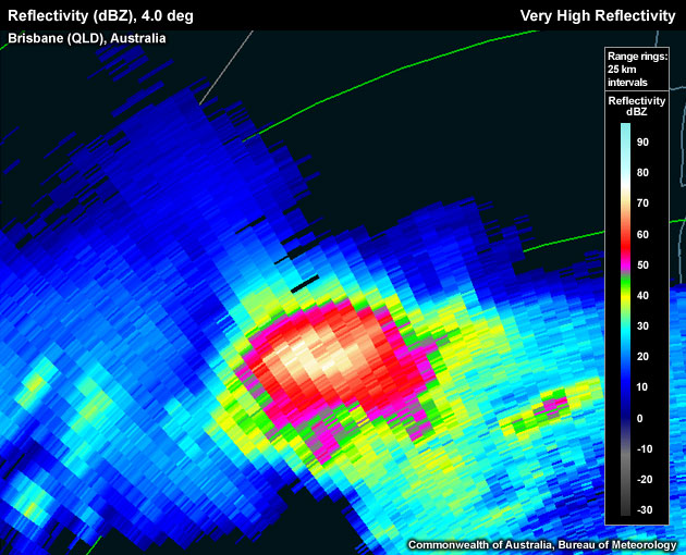 Core containing  approximately 75 dBZ returns almost certainly indicate large hail. Optimum high reflectivity returns are around the freezing level where hailstones are at their maximum size and develop a coating of water that maximises their effectiveness as radar targets. in the PPI; a "grim reaper" shape representing the BWER in the RHI.