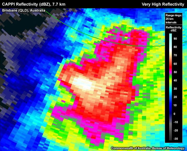 Core containing approximately 77 dBZ returns almost certainly indicate large hail.