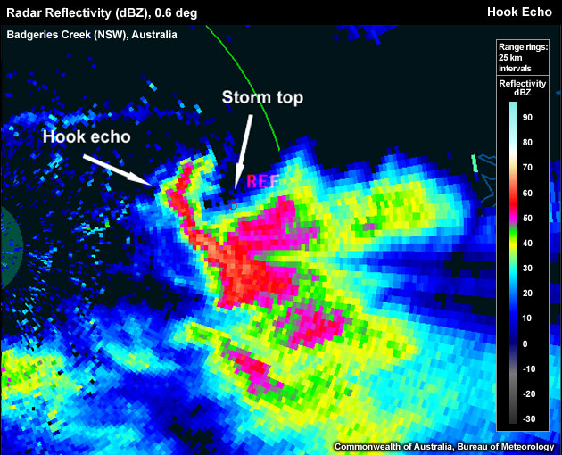 A rather long classic Hook Echo wrapping around the low-level circulation of a storm in the low-level PPI scan.