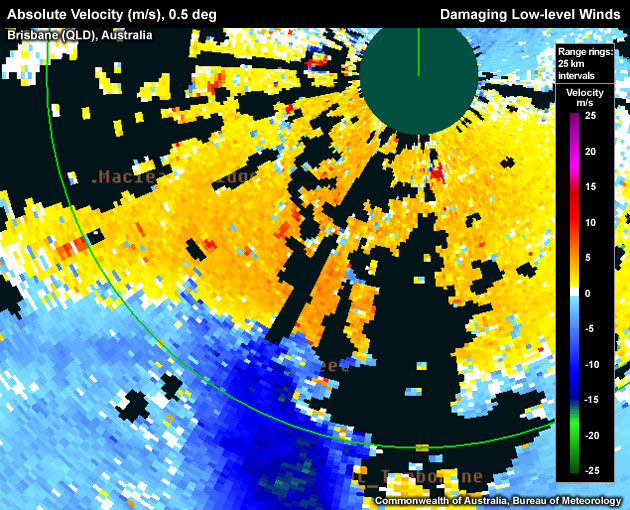 Destructive radial winds of 34.4 m/s (~69 knots) in the rear-flank downdraft region of a northeastward tracking supercell south of Brisbane.  These radial winds were observed around 400 m above radar level.