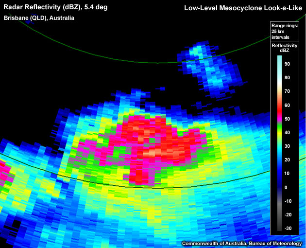 Radar Reflectivity (dBZ), 5.4 deg, Brisbane (QLD), Australia, Low-Level Mesocyclone Look-a-Like