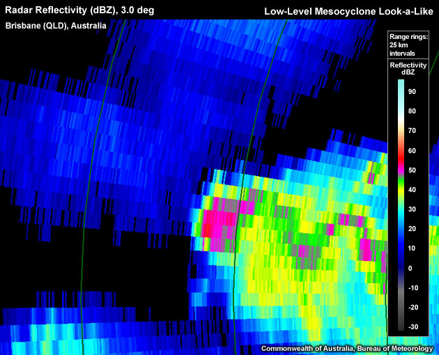 Radar Reflectivity (dBZ), 3.0 deg, Brisbane (QLD), Australia, Low-Level Mesocyclone Look-a-Like