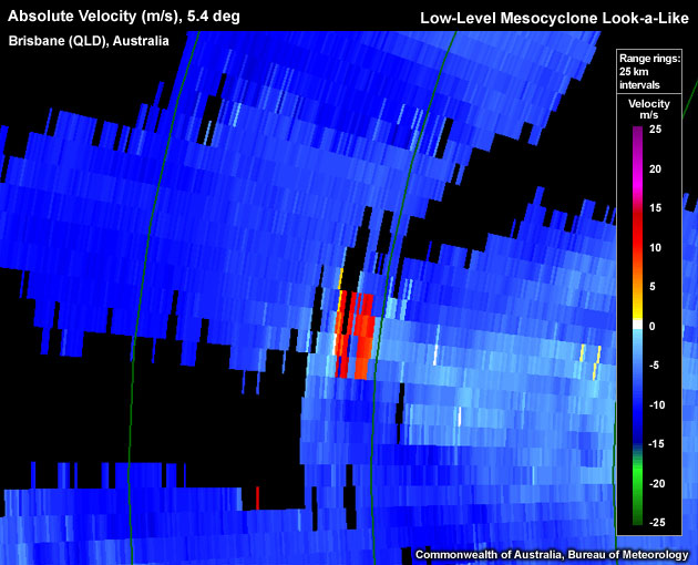 Absolute Velocity (m/s), 3.0 deg, Brisbane (QLD), Australia, Low-Level Mesocyclone Look-a-Like