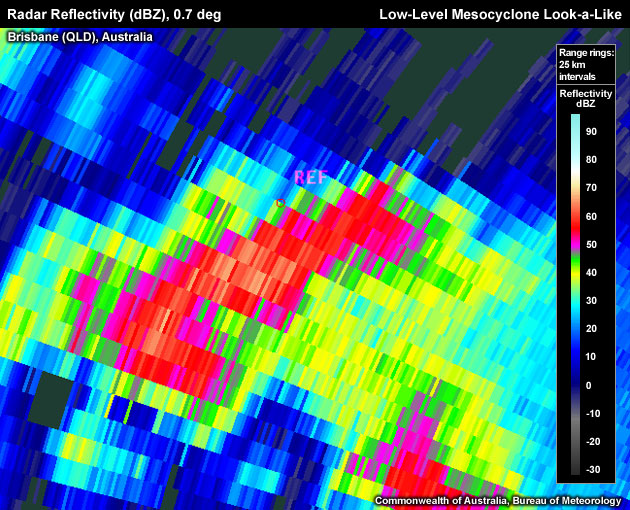 Radar Reflectivity (dBZ), 0.7 deg, Low-Level Mesocyclone Look-a-Like