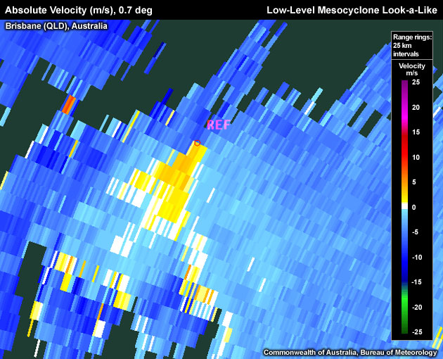 Absolute Velocity (m/s), 0.7 deg, Brisbane (QLD), Australia, Low-Level Mesocyclone Look-a-Like