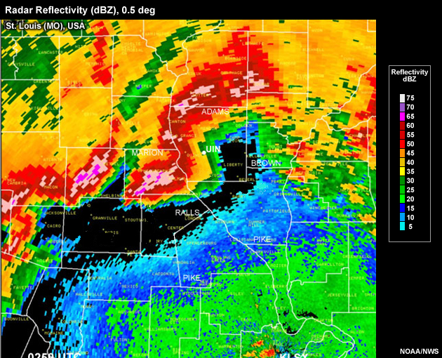 Radar reflectivity image of a bow echo that exhibits a MARC signature in its velocity field.  Elevation of beam at location of signature is approximately 11,500 ft AGL.