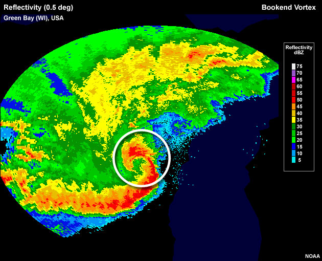 Mature bow echo over Green Bay (Wisconsin, USA) showing a well-developed bookend vortex at the poleward end of the MCS.