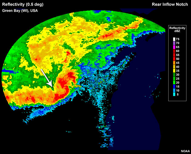 Rear inflow notch evident as an area of weakened reflectivities behind a newly-formed bow echo in the north-central United States.