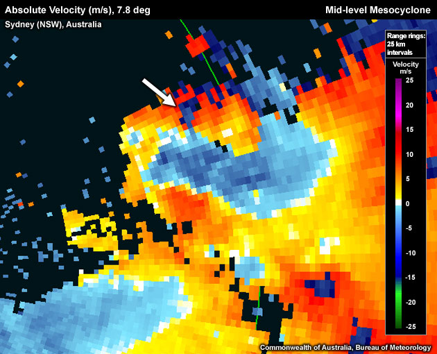 Cyclonic (clockwise in the southern hemisphere) mesocyclone with aliased outbound velocity – the aliased outbound pixels appear in dark blue.