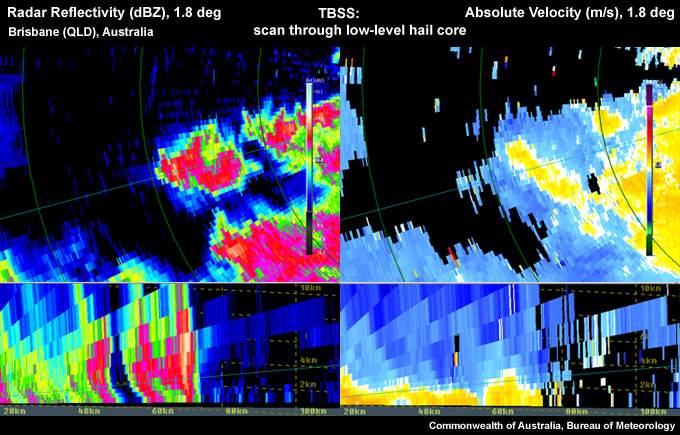 Three-Body Scatter Spike (TBSS) is short in appearance in these radar images due to the scan of the hail core being close to the ground.