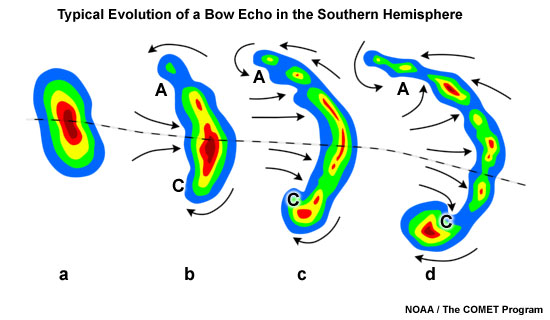 Features of a bow echo in the southern hemisphere as they appear in a radar reflectivity image.