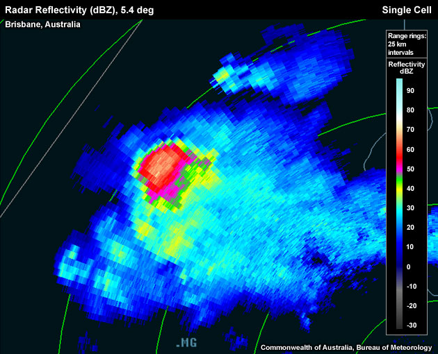 PPI slice through a cell at approximately 9.5 km above radar level.  This storm is a supercell.