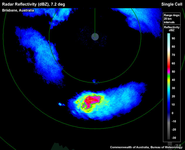 PPI slice through a cell at approximately 9.0 km above radar level.  This storm is a supercell.