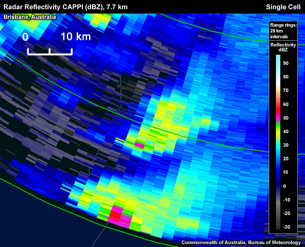Only a couple pixels exceed 50 dBZ within the CAPPI level