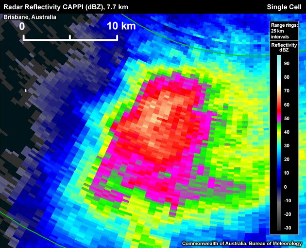 A large area of > 50 dBZ pixels within the CAPPI level