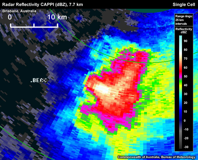 A large area of > 50 dBZ pixels within the CAPPI level