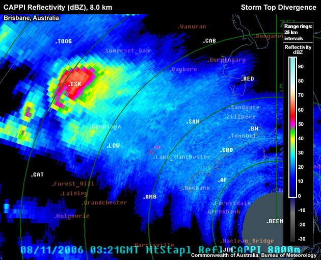 Corresponding CAPPI fields shows a storm top located approximately 50 km away from the false divergence signature evident