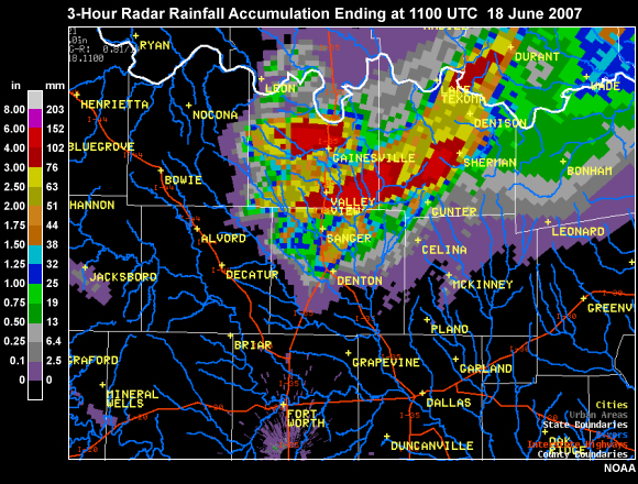 3 hr Radar Rainfall Accumulation Ending at 1100 UTC Jun 2007