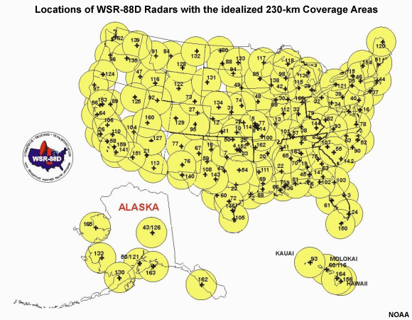 Locations of WSR-88D radars with the idealized 230-km coverge areas
