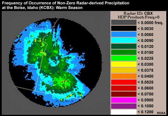 Frequency of occurrence of non-zero radar-derived precipitation at the Boise, ID (KCBX): Warm season