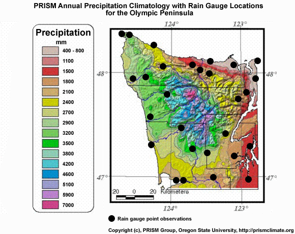 PRISM annual precip climatology with rain gauge locations for the Olympic peninsula