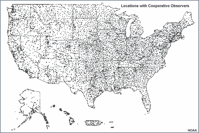 Map of coop rain gauge locations in the US