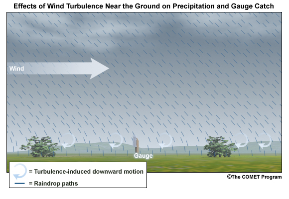 Effects of wind turbulence near the ground on precipitation and gauge catch