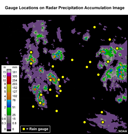 Gauge locations on radar precip accumulation image