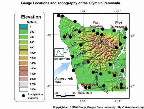 Gauge locations and topography of Olympic peninsula