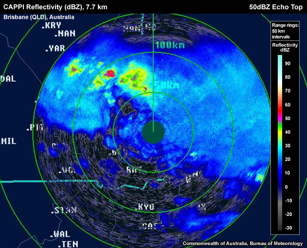 Thunderstorm tops 'breaking through the CAPPI' level set at the 2cm hail threshold, indicating the likelihood of large hail.