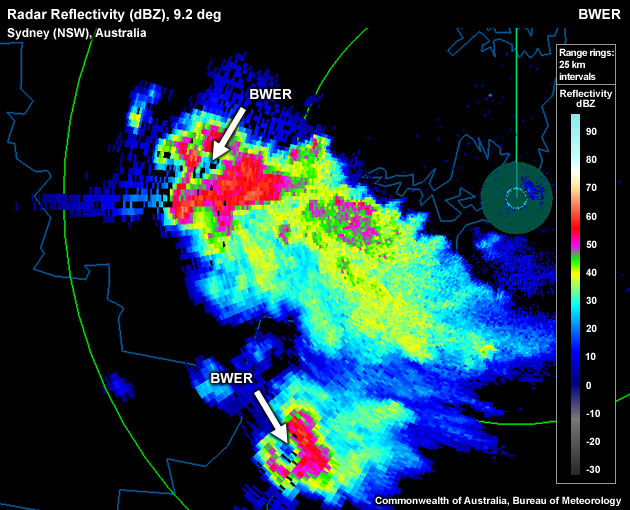 Two BWERs captured in the PPI, as part of a splitting pair of supercells. Both BWERs are not classic "closed" loops.