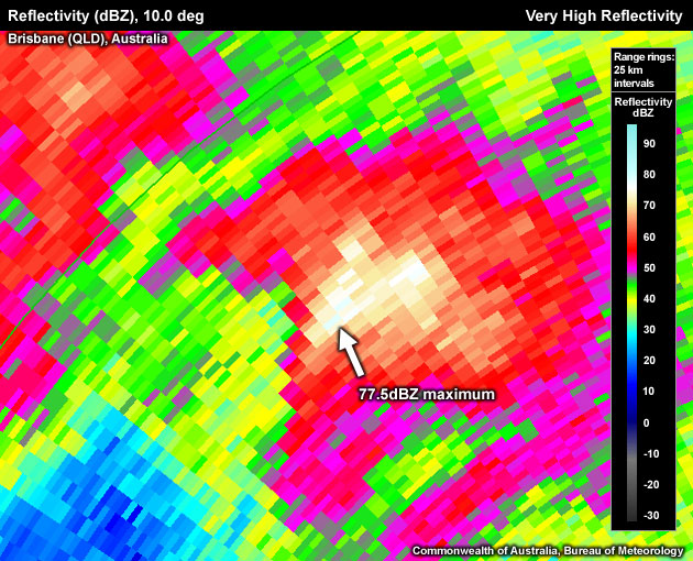 Manually scanning the reflectivity pixels shows the maximum reflectivity as 77.5dBZ.