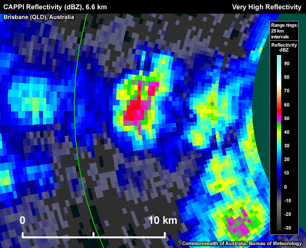 Small horizontal area of approximately 60 dBZ reflectivity echoes 
