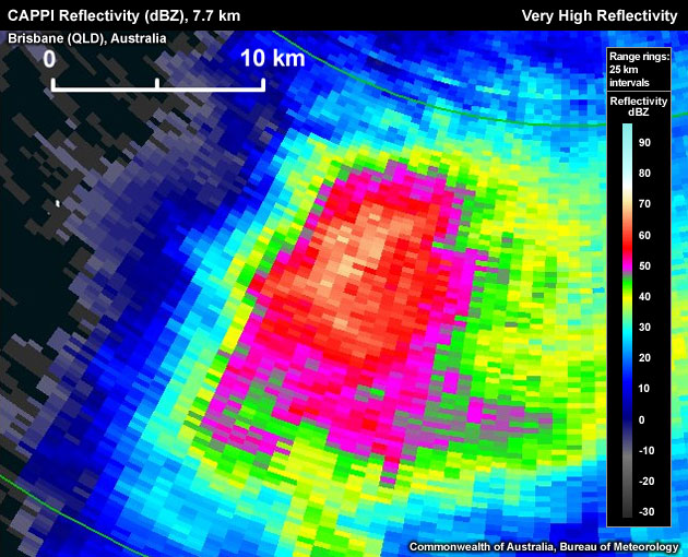 Large horizontal area of >60 dBZ reflectivity echoes 