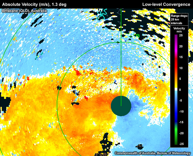 Low-level convergence signature marking a northward-moving cold front north of the radar location.  Storms that manage to keep pace with the northward movement of the convergent boundary would increase their chances of development. 