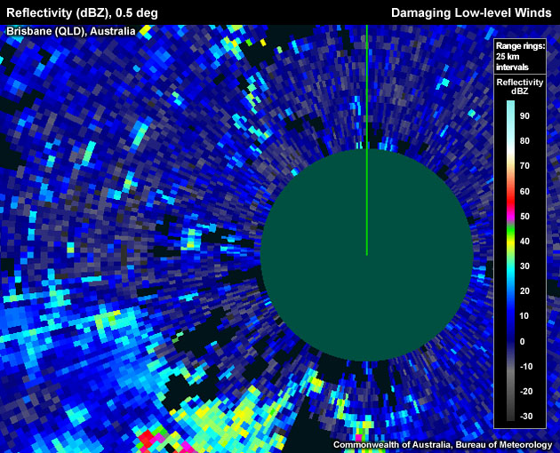 PPI Reflectivity (dBZ), 0.5 deg, Brisbane, Australia, Damaging Low-level Winds