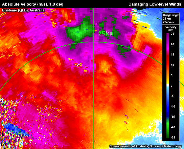 Destructive radial winds of 35.8 m/s (~72 kts) at ~700m ARL associated with The Gap storm west of Brisbane.  Note the ground clutter breakthrough west of the radar location.