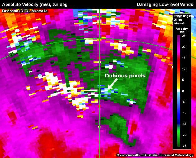 Low velocity tilt of the Gap storm west of Brisbane seemingly showing aliased outbound velocities that folded back onto the zero line (suggesting that the measured speed is twice the Nyquist velocity of 27.2 m/s, or 54.4 m/s ~ 109 knots).  Note that along the radial containing the �dubious� pixel, unphysical pixel to pixel velocity jumps of 24 m/s occur.  Apart from the inflated magnitude of the signature, however, the overall signature still shows damaging low-level winds.