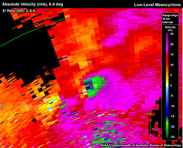 Absolute Velocity (m/s), 0.5 deg, El Reno (OK), U.S.A., Low-Level Mesocyclone