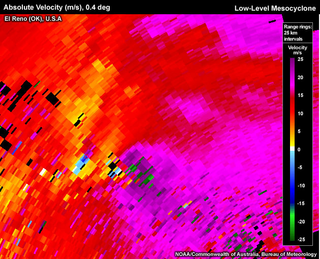 Absolute Velocity (m/s), 0.5 deg, El Reno (OK), U.S.A., Low-Level Mesocyclone