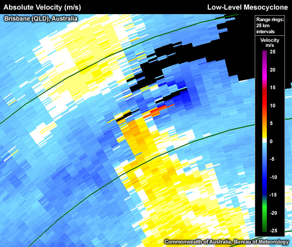 Absolute Velocity (m/s), Brisbane (QLD), Australia, Low-Level Mesocyclone
