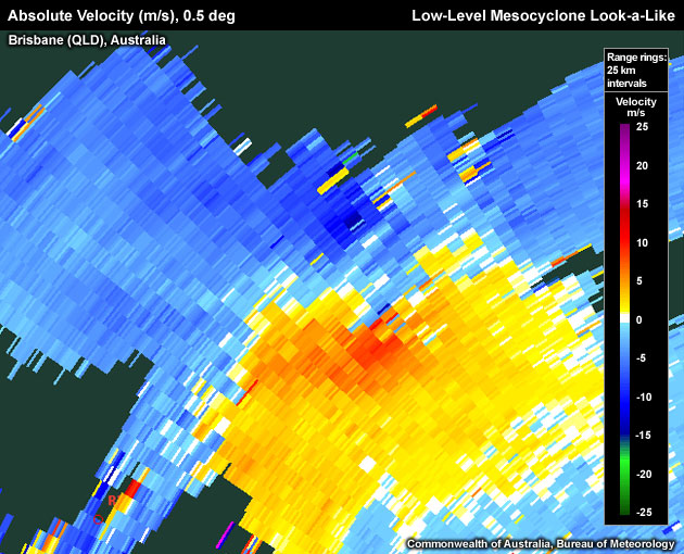Absolute Velocity (m/s), 0.5 deg, Brisbane (QLD), Australia, Low-Level Mesocyclone Look-a-Like