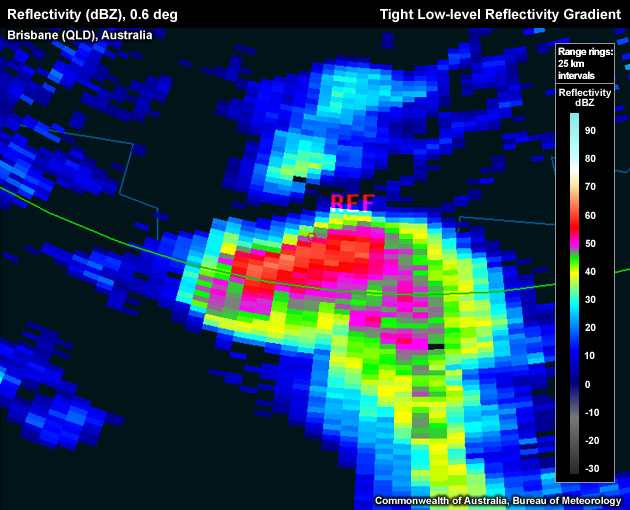 Tight low level reflectivity gradient on the northern flank of the storm.  Note the reference point (storm top) sitting right above the low level gradient.