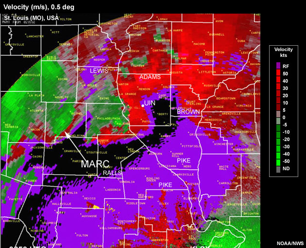 Radar storm-relative velocity image of a bow echo that exhibits a MARC signature.  Elevation of beam at location of signature is approximately 11,500 ft AGL.